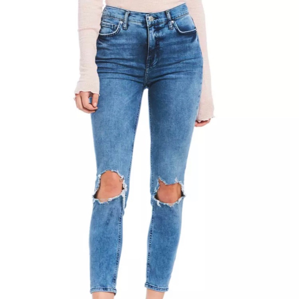Free people turquoise high rise busted knee jeans.